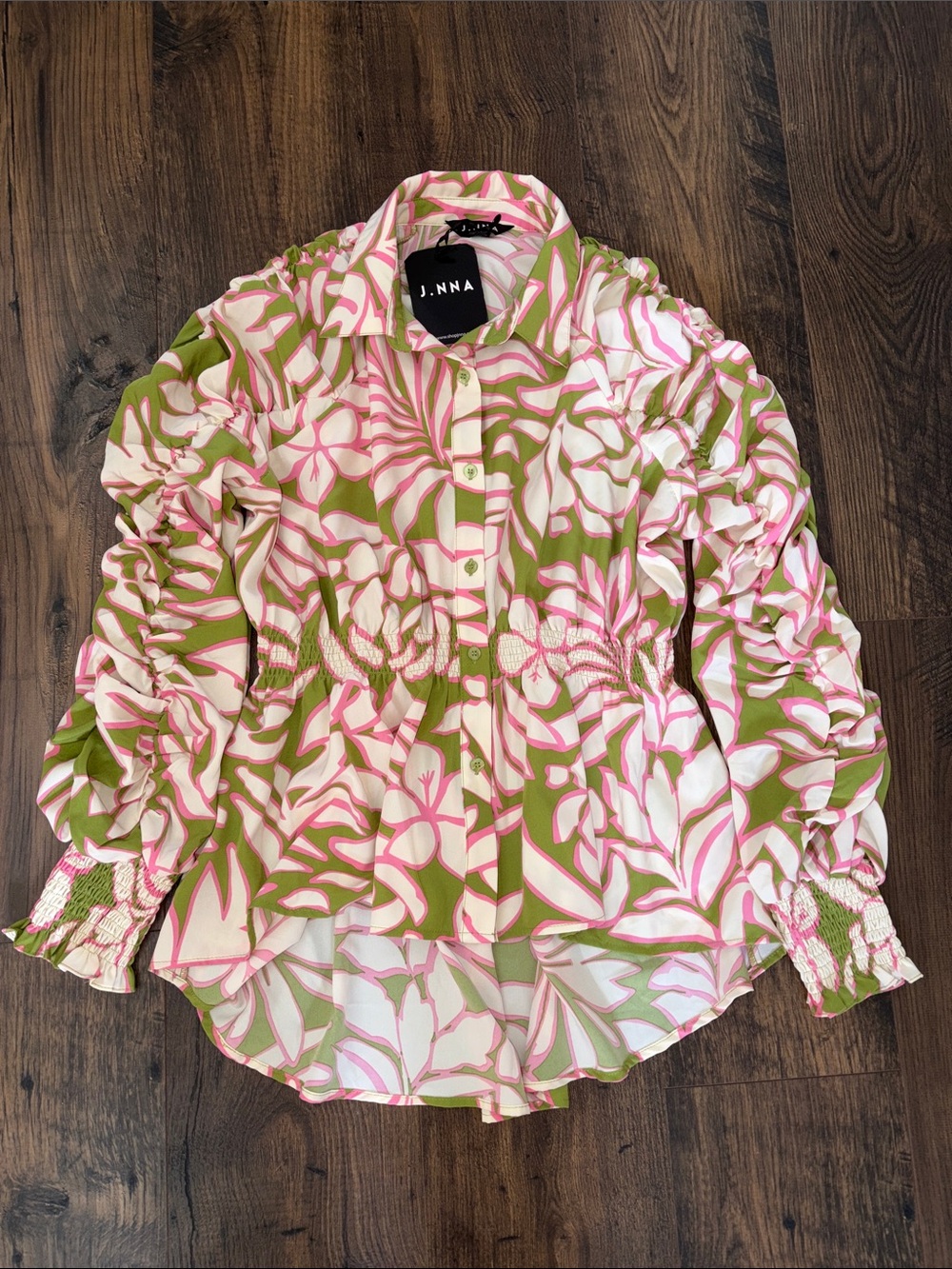 NWT J.NNA Floral Button-Down Shirt with Smocked Waist